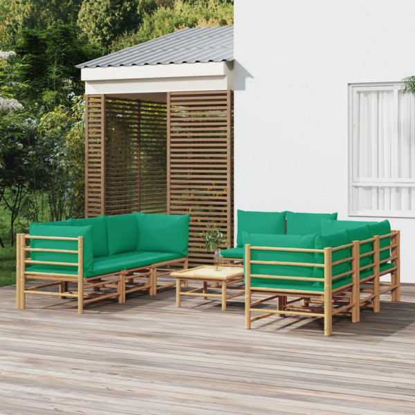Conjunto de móveis de jardim de bambu de 9 peças com almofadas verdes D