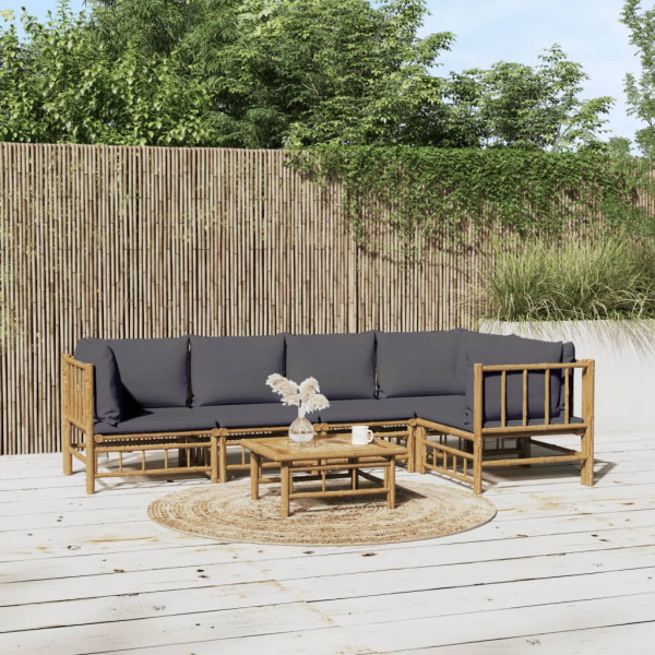 Conjunto de mobiliário de jardim 6 peças de bambu com almofadas cinza escuro D
