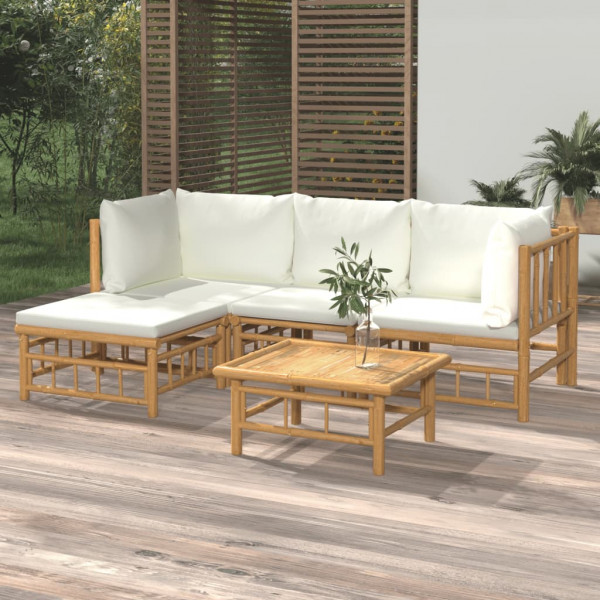 Conjunto de mobília de jardim 5 peças de bambu e almofadas branco creme D