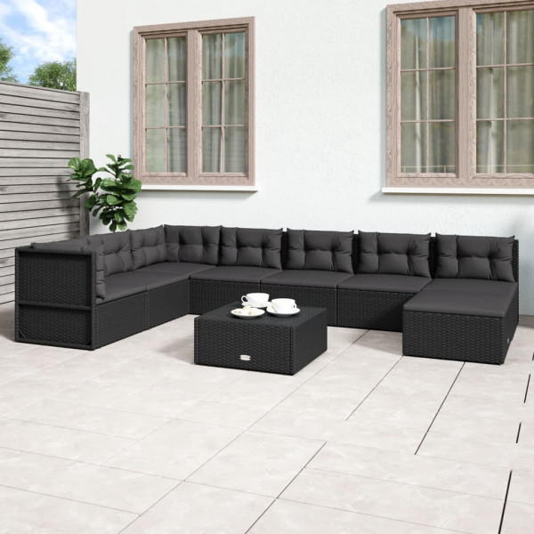 Set de muebles de jardín 8 pzas y cojines ratán sintético negro D