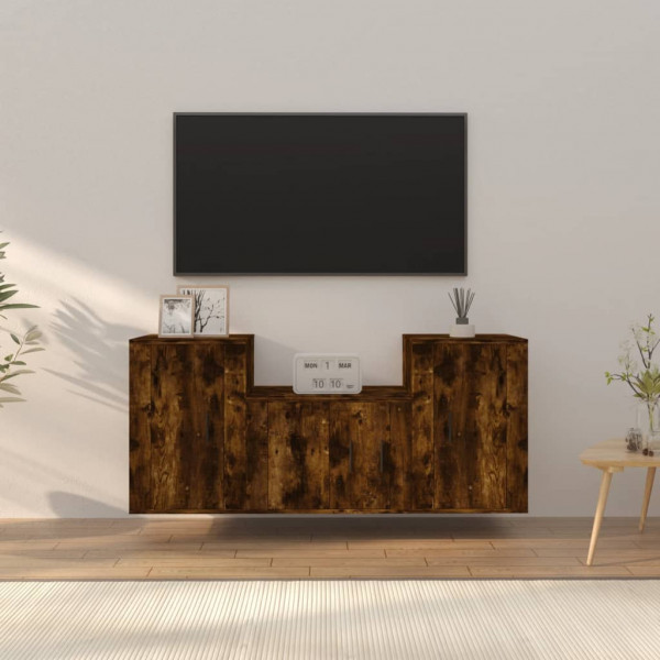 Set de móveis de TV 3 pcs madeira contraplacada carvalho fumado D