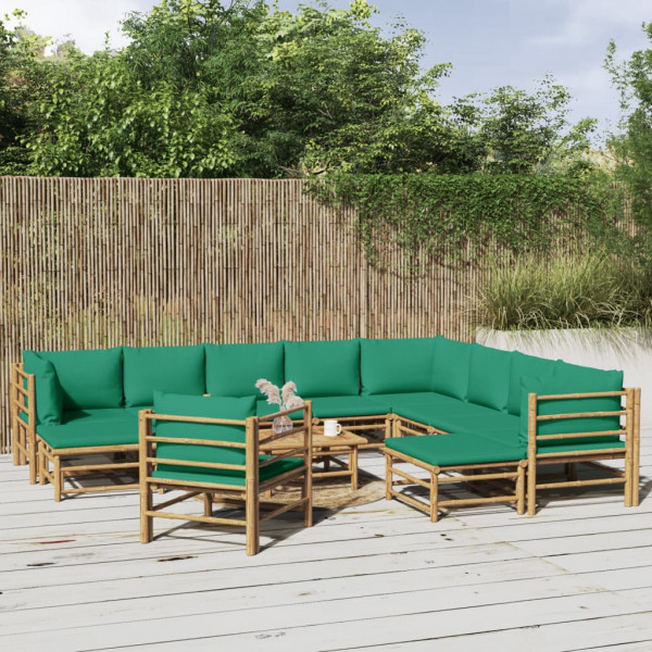 Set de muebles de jardín 12 piezas bambú con cojines verde D