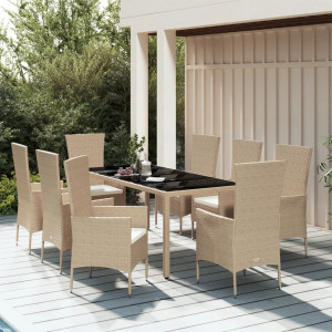 Set comedor de jardín 9 pzas con cojines ratán sintético beige D