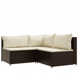 Set muebles de jardín 3 piezas y cojines ratán sintético marrón D