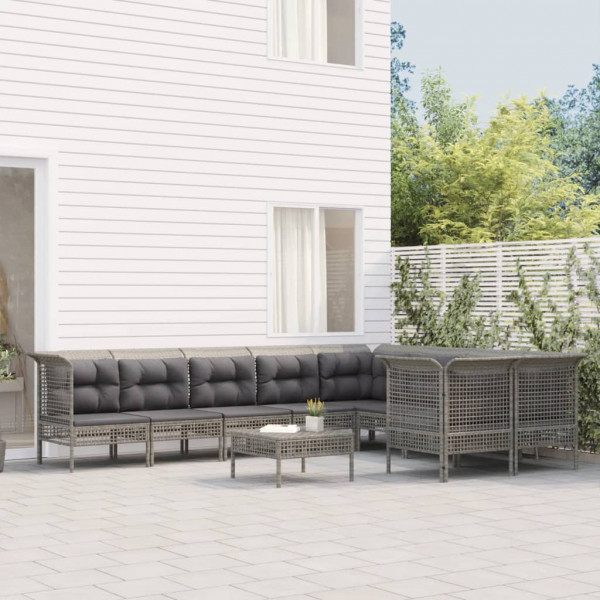 Set de muebles de jardín 10 pzas y cojines ratán sintético gris Set de muebles de jardín 10 pzas y cojines ratán sintético gris D