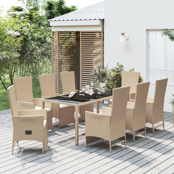 Set comedor de jardín 9 pzas con cojines ratán sintético beige D