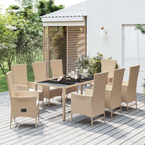 Set comedor de jardín 9 pzas con cojines ratán sintético beige D