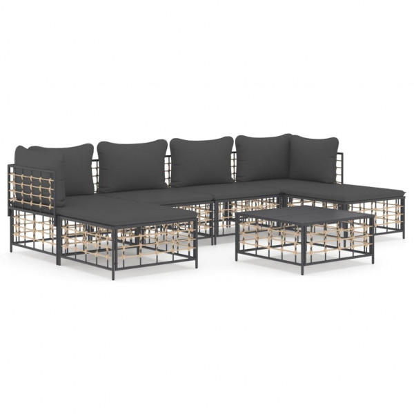 Set muebles de jardín 7 pzas y cojines ratán PE gris antracita D