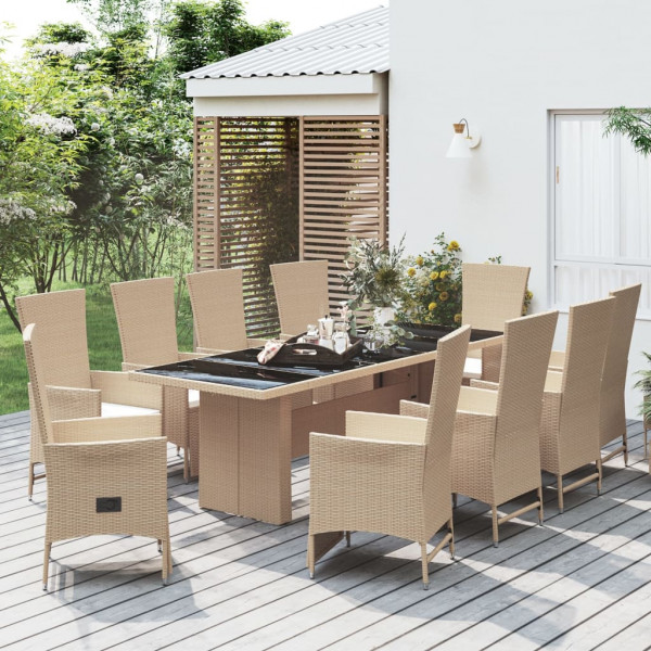 Set comedor de jardín 11 pzas con cojines ratán sintético beige D