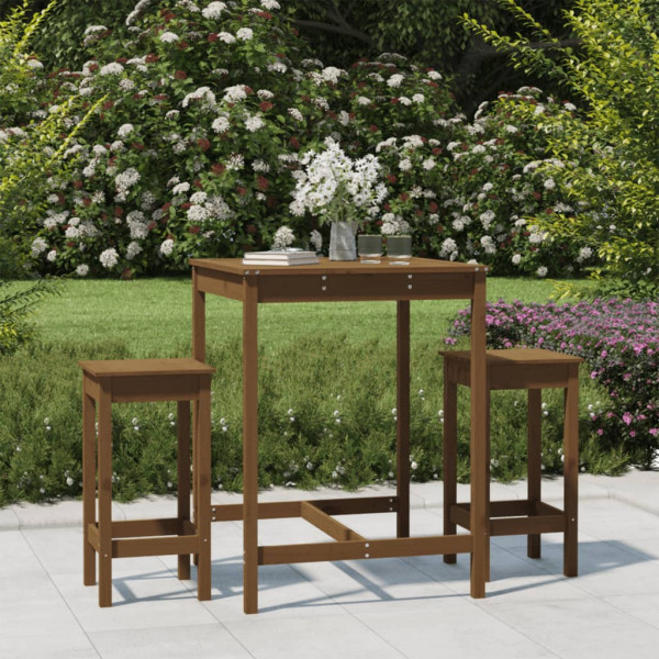 Mesa y taburetes altos de jardín 3 pzas madera pino marrón miel D