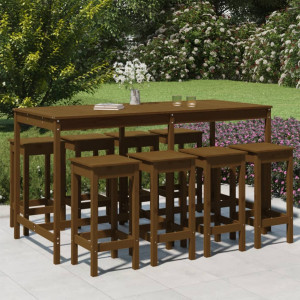 Mesa y taburetes altos de jardín 9 pzas madera pino marrón miel D