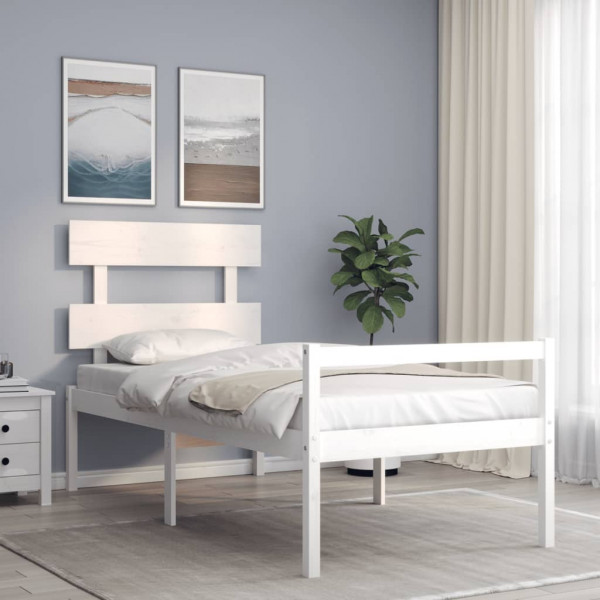 Estrutura de cama de solteiro com cabeceira de madeira maciça branca D