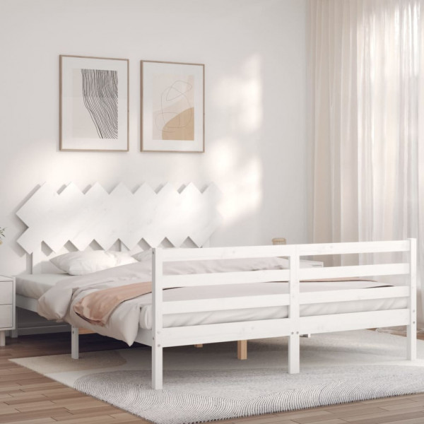 Estrutura de cama com cabeceira de madeira maciça branca 160x200 cm D