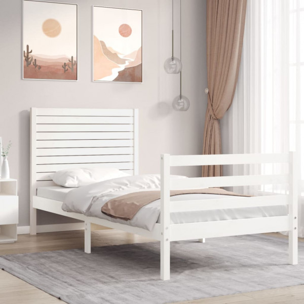 Estructura de cama individual con cabecero madera maciza blanco D