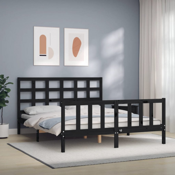 Estrutura de cama de casal com cabeceira em madeira maciça preta D