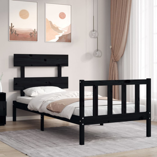Estructura de cama con cabecero madera maciza negro Estructura de cama con cabecero madera maciza negro D