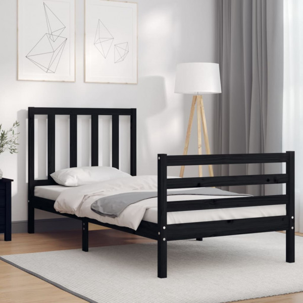 Estructura de cama con cabecero madera maciza negro 90x200 cm D