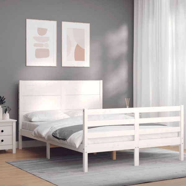 Estrutura de cama de casal com cabeceira de madeira maciça branca D