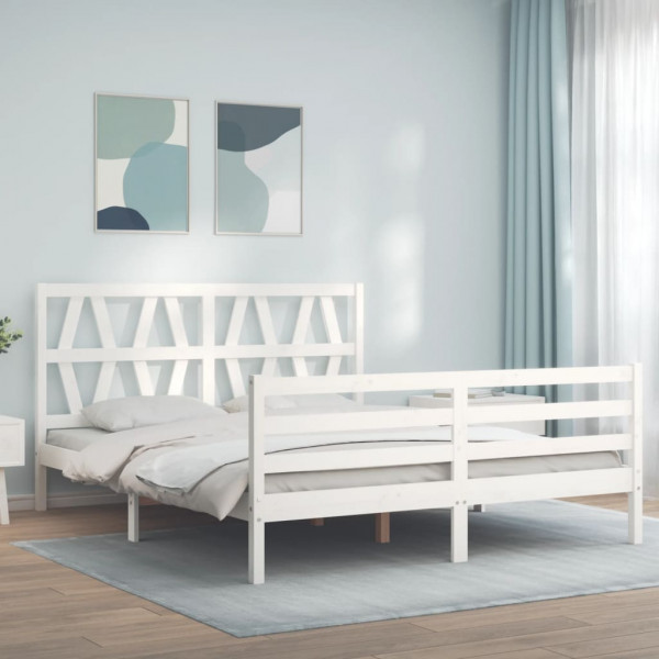 Estructura de cama matrimonio con cabecero madera maciza blanco D