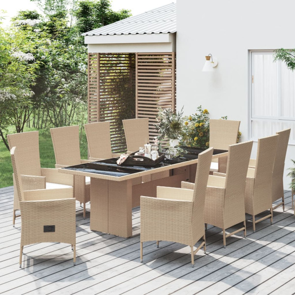 Set comedor de jardín 11 pzas con cojines ratán sintético beige D