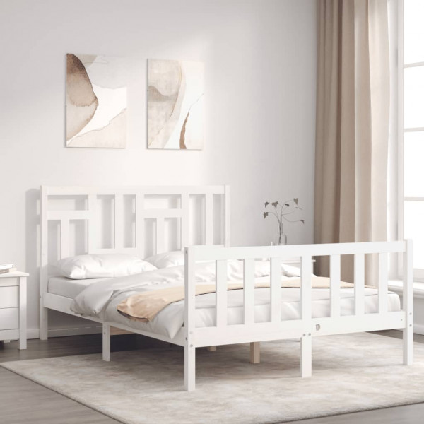 Estrutura de cama de casal com cabeçote de madeira maciça branca D