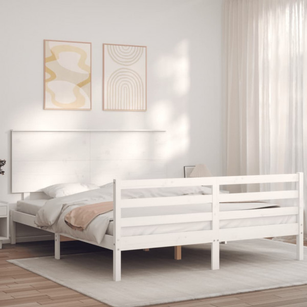Estrutura de cama de casamento com cabeçote de madeira maciça branca D