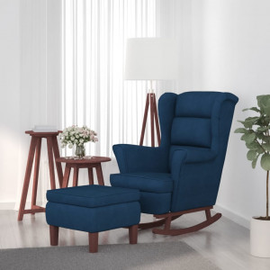 Sillón mecedora patas madera y taburete terciopelo azul D