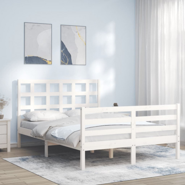Estrutura de cama com cabeceira de madeira maciça branca 140x190 cm D