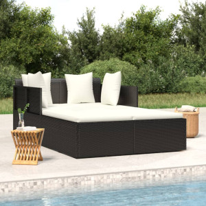 Tumbona com almofadas de rattan sintético preto 182x118x63 cm D