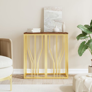 Mesa consola acero inoxidable y madera maciza reciclada dorada D
