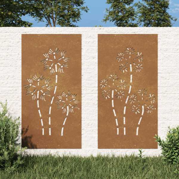 Adorno pared jardín 2 uds acero corten diseño flores 105x55 cm D