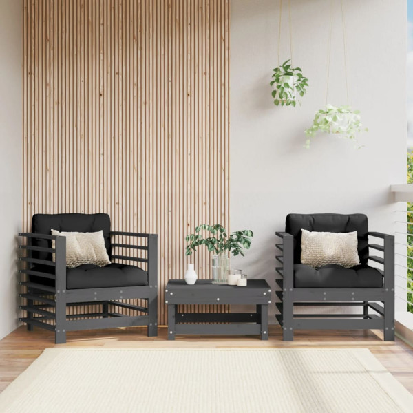 Sillones de jardín con cojines 2 uds madera maciza de pino gris D