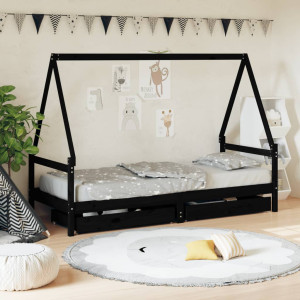 Estrutura cama infantil e gavetas madeira pinho preto 90x190 cm D