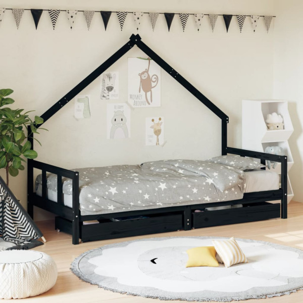 Estructura de cama niños con cajones madera pino negro 90x200cm D