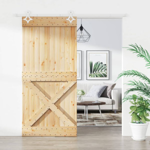 Puerta corredera con herrajes madera maciza de pino 100x210 cm D