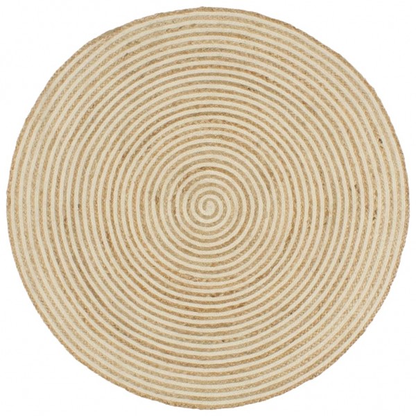 Tapete de jute tecido à mão, desenho espiral branco, 90 cm D