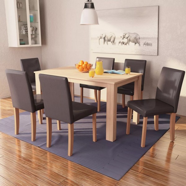 Cadeiras e mesa de jantar 7 peças de carvalho e couro artificial marrom D