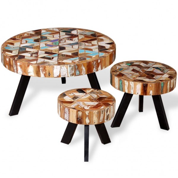 Set de mesas de centro 3 unidades madeira maciça reciclada D