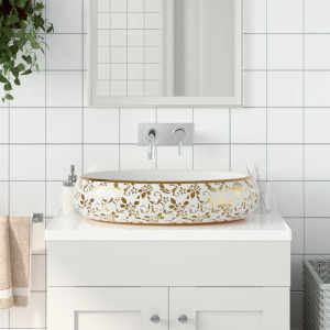 Lavabo sobre encimera ovalado cerámica blanco dorado 59x40x15cm D