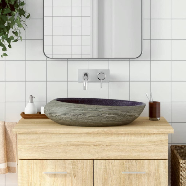 Lavabo sobre banheiro cerâmica oval cinza roxo 59x40x14 cm D