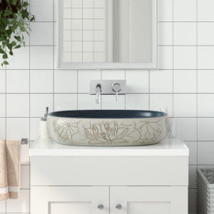 Lavabo sobre banheiro cerâmica oval areia e azul 59x40x14 cm D