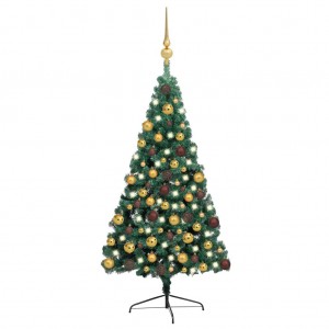 Medio árbol de Navidad con luces y bolas verde 180 cm D