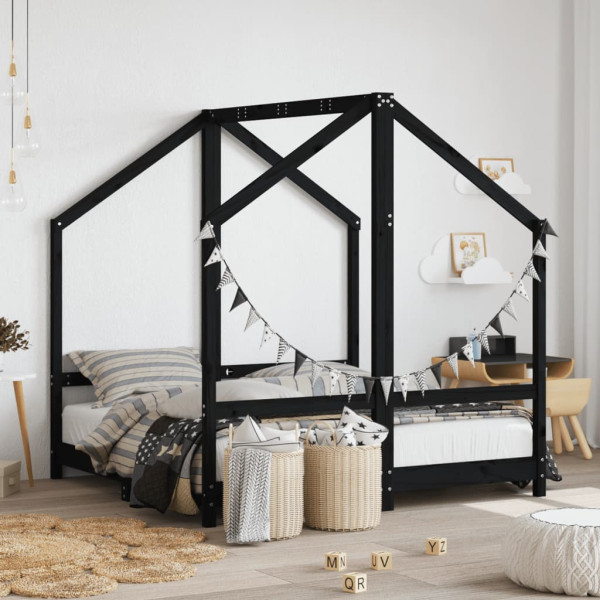 Estrutura da cama de criança madeira de pinho preto 2x(70x140) cm D