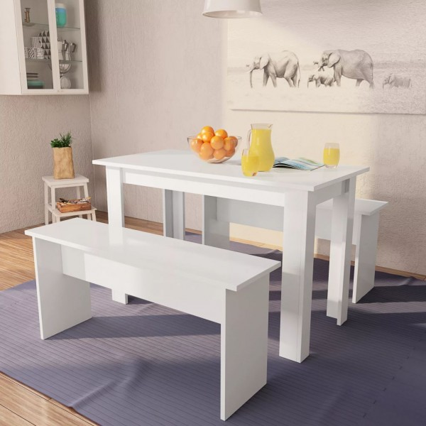 Mesa de jantar e bancos 3 peças madeira de contraplacado branco D