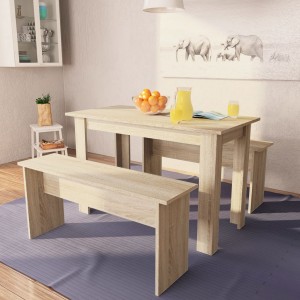 Mesa de comedor y bancos 3 piezas madera aglomerada color roble D
