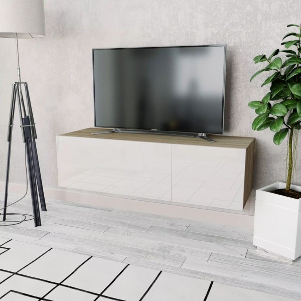 Mobiliário de televisão aglomerado branco brilhante e carvalho D