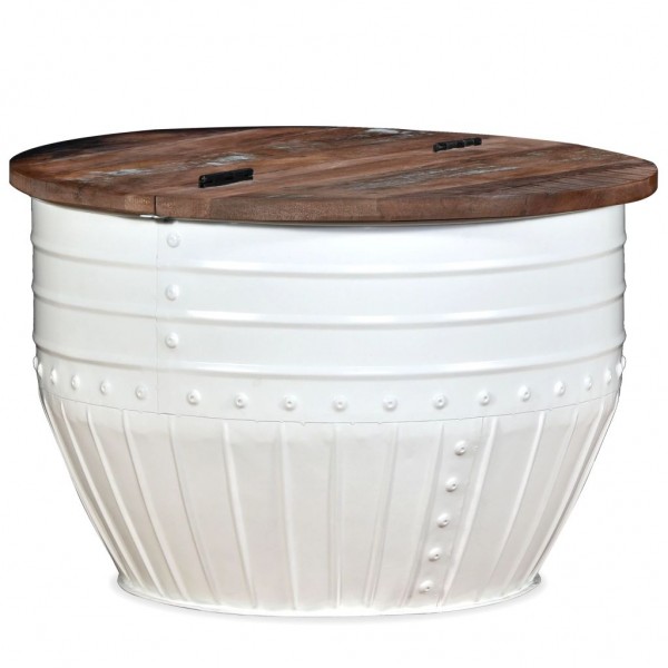 Mesa de centro madeira maciça reciclada branca em forma de barril D