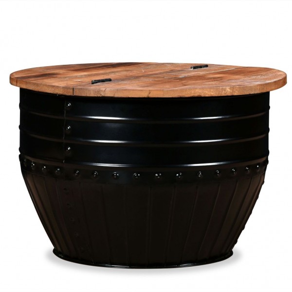 Mesa de centro de madera maciza reciclada negra forma de barril D