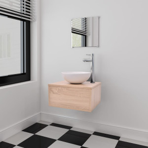 Conjunto de muebles de baño con lavabo y grifo beige 4 piezas D