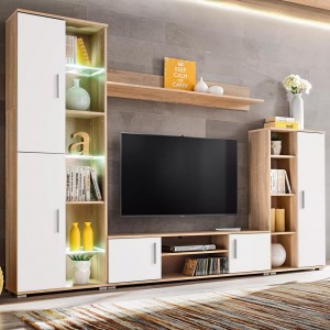 Mobiliário de sala de estar TV de parede com luzes LED de carvalho Sonoma e branco D